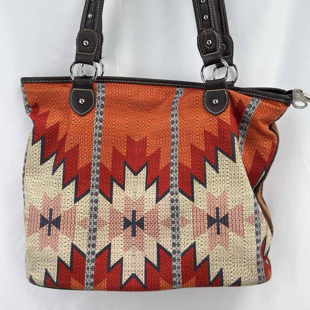 Montana West Large Tote Bag, Western Aztec Style Handbag Brown W/ Turquoise